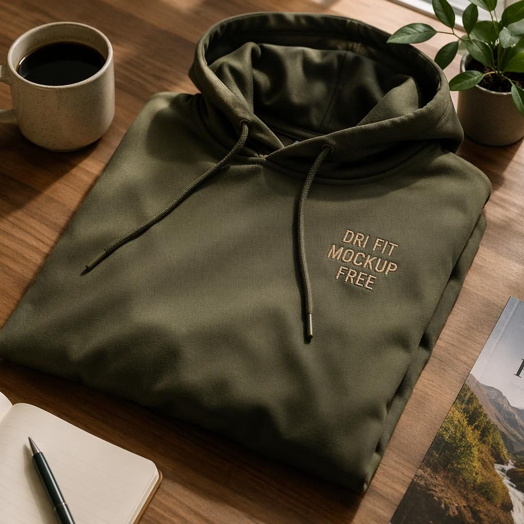 Photo-real olive green hoodie mockup on a desk with embroidered dri fit mockup free logo in a warm earth-tone scene.
