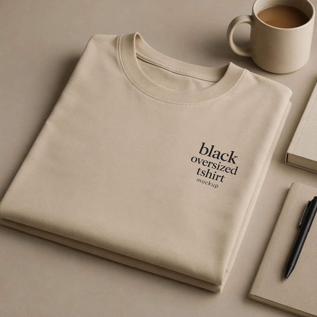 Photoreal beige sand notebook mockup in a folded stack with a small black oversized tshirt mockup logo on the left.