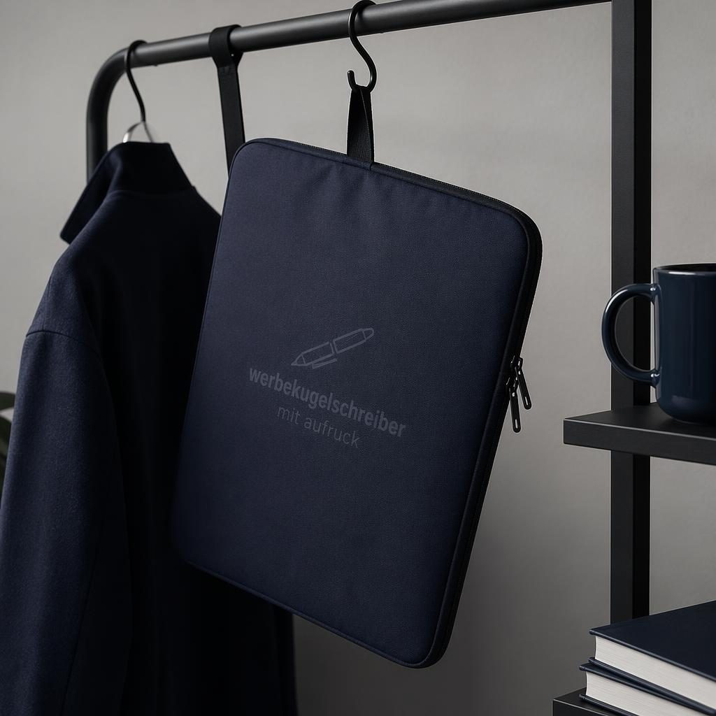 Marineblaues Laptop-Sleeve mit dezentem Ton-in-Ton-Logo, hängend an Kleiderstange im Studio