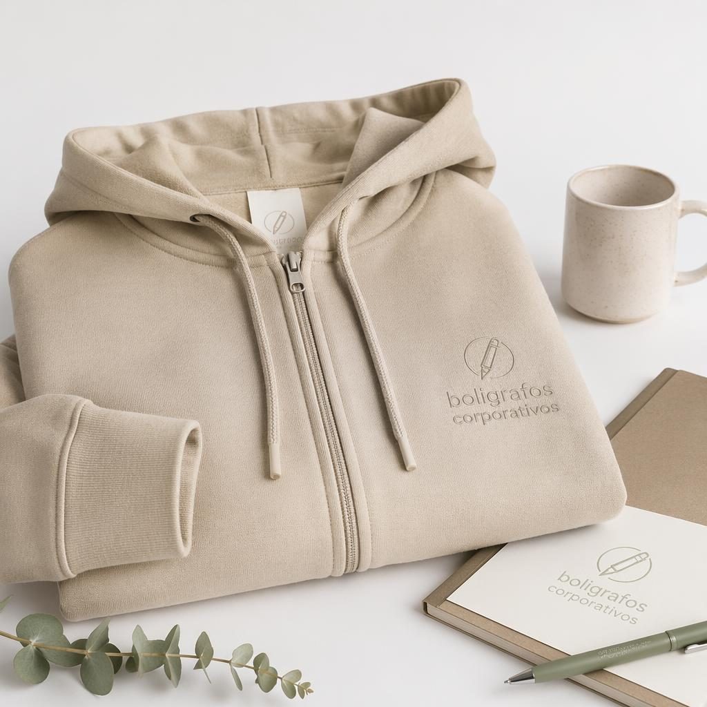 Sudadera beige con cremallera en fondo blanco, logo sutil tono sobre tono de boligrafos corporativos