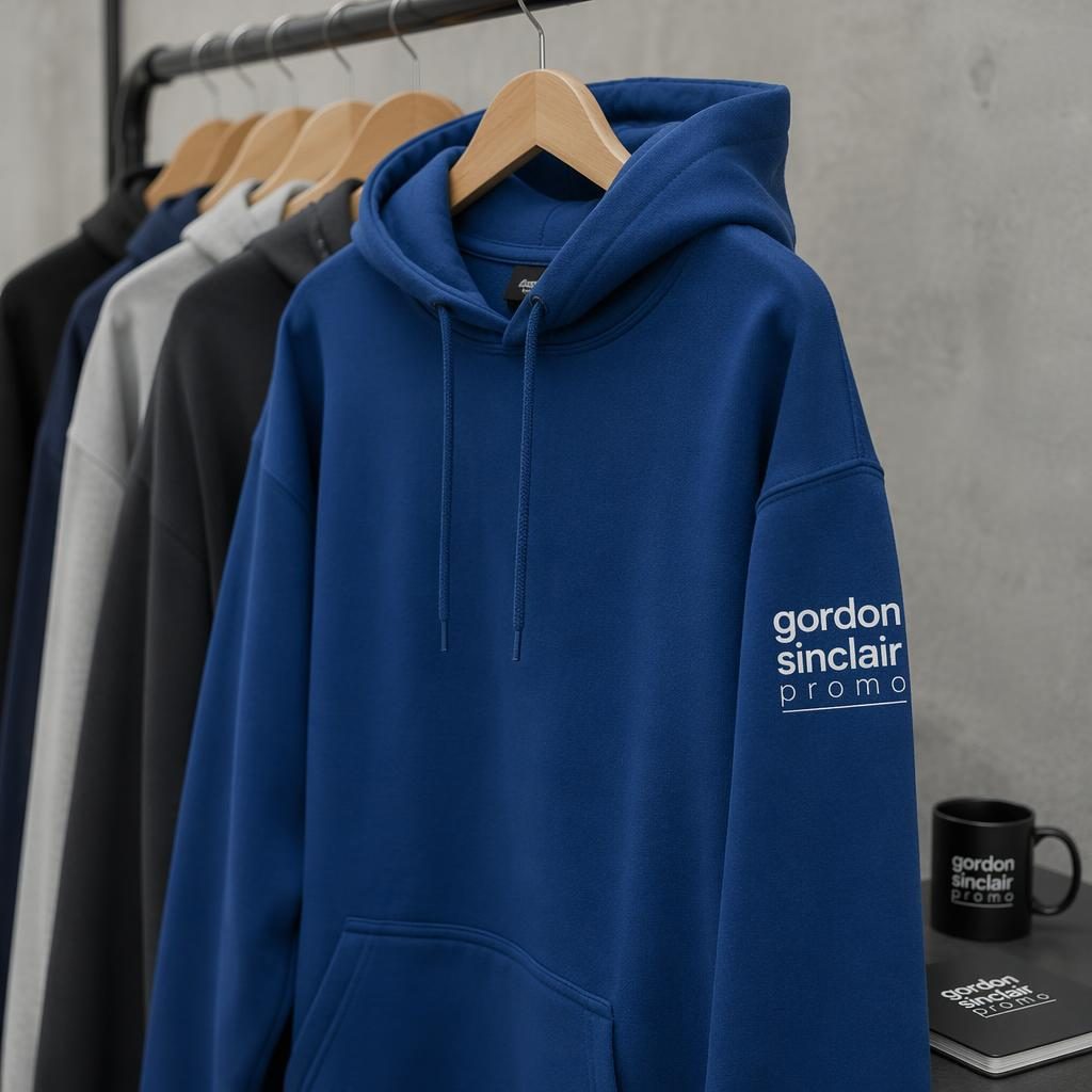 Royal blue hoodie hanging on a rack with gordon sinclair promo logo on the sleeve in a minimal monochrome style.