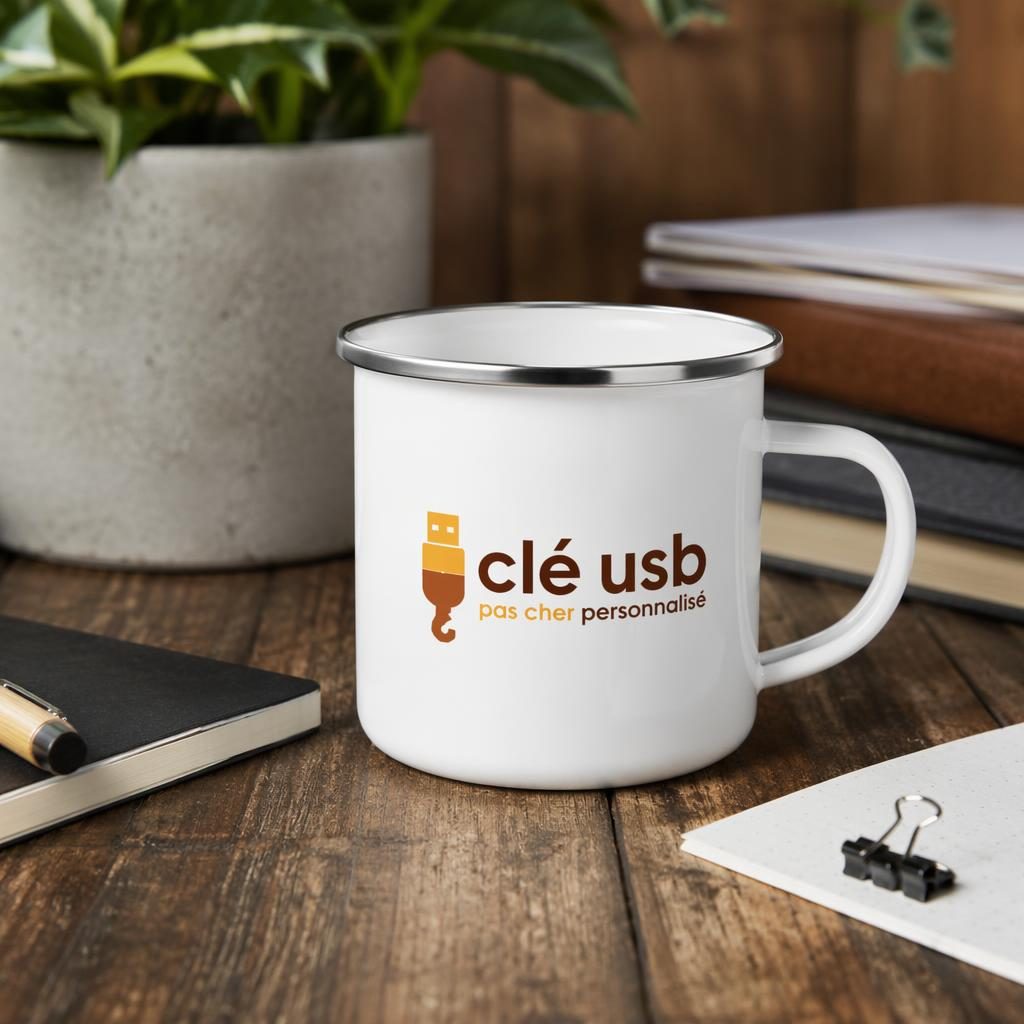 Mockup photo réaliste d’un mug émaillé blanc sur bureau, avec logo centré, scène lifestyle aux tons terre chauds.