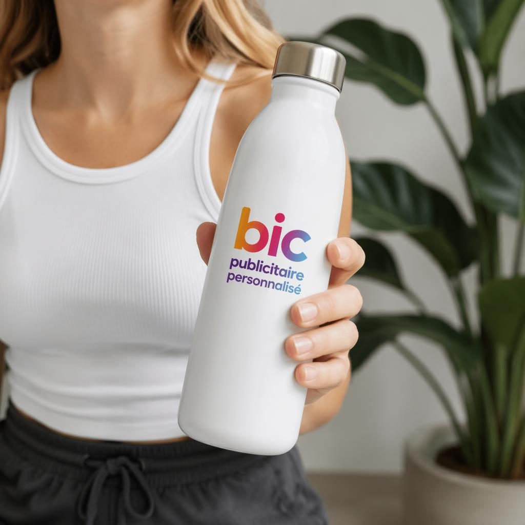 Gourde blanche en mockup photo réaliste avec logo dégradé centré, éclairage studio et rendu net.