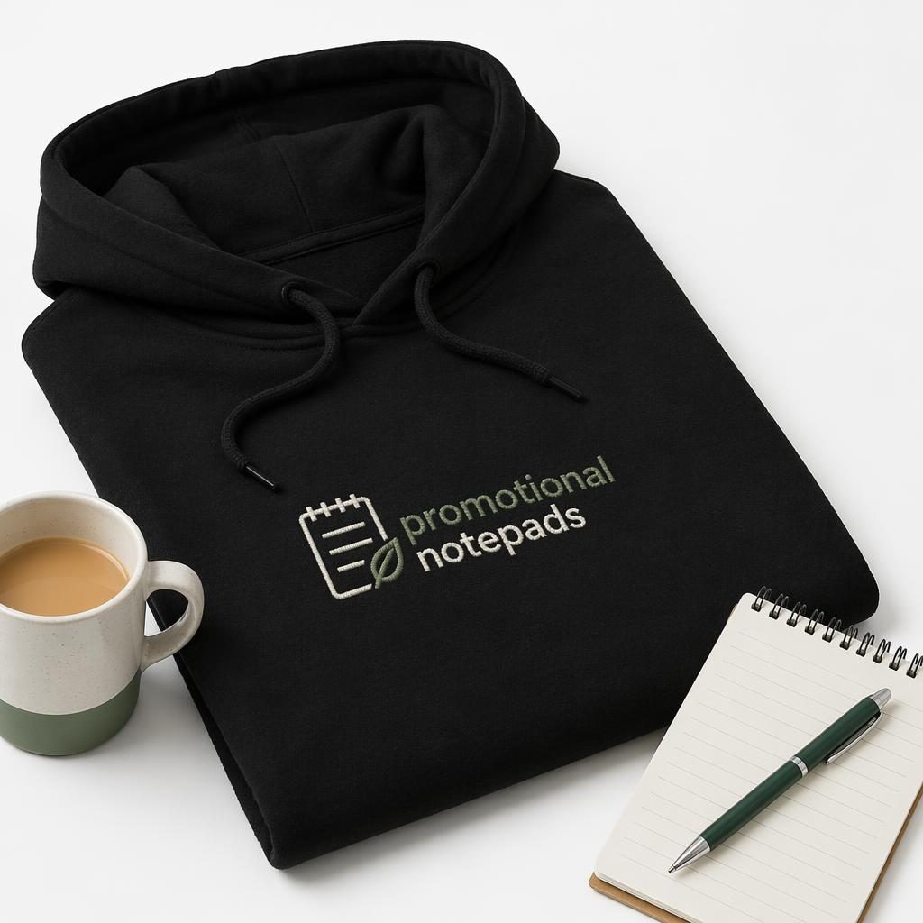 Black hoodie product mockup on a white background with a sage and ivory promotional notepads embroidered logo