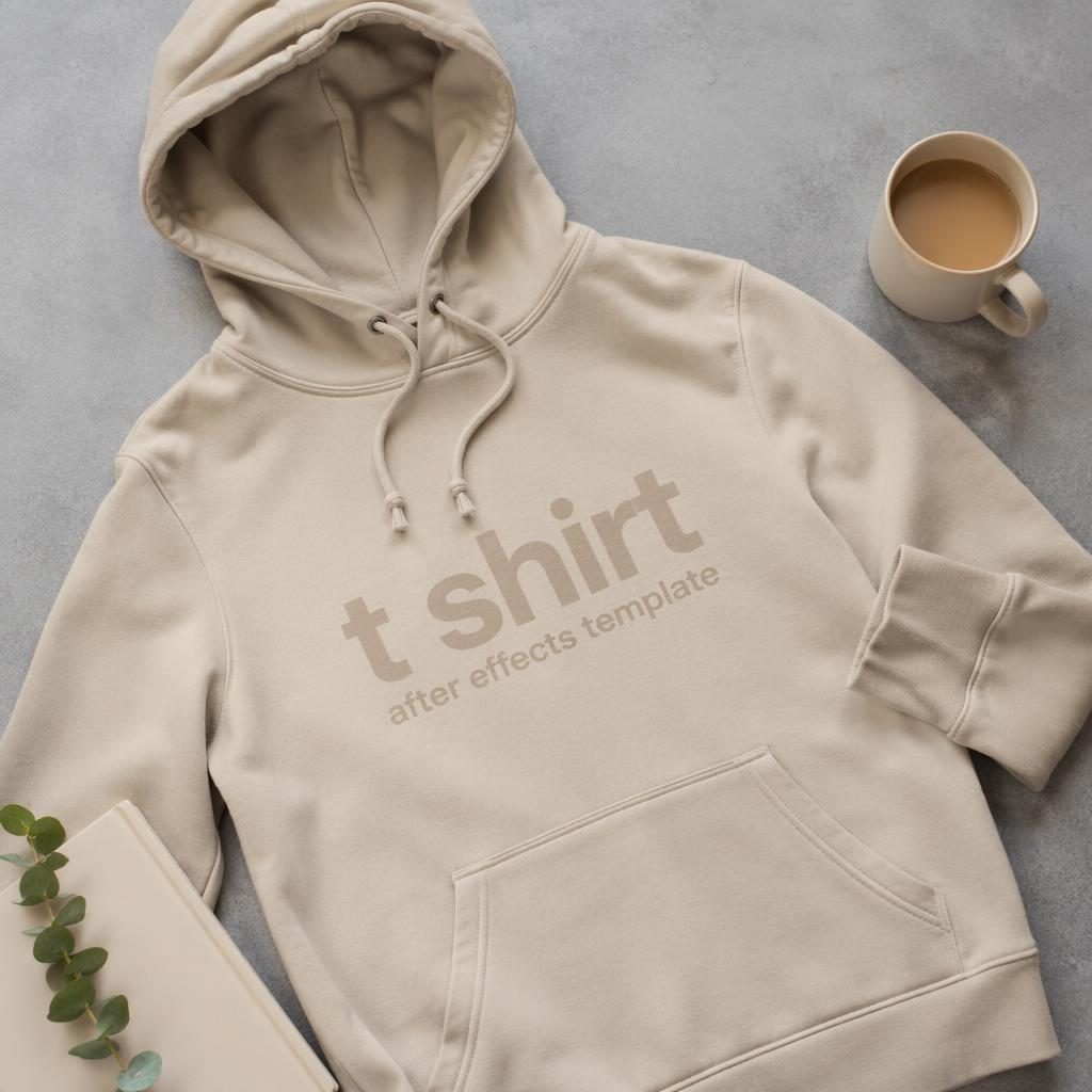 Studio flat lay of a beige sand hoodie with a subtle tone-on-tone t shirt after effects template logo print.