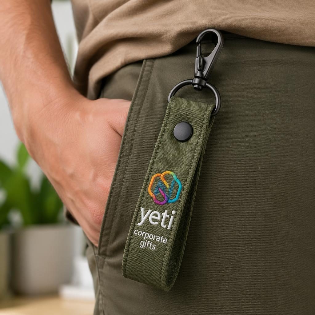 Photo-real olive green keychain mockup worn on model with embroidered yeti corporate gifts logo in gradient colors