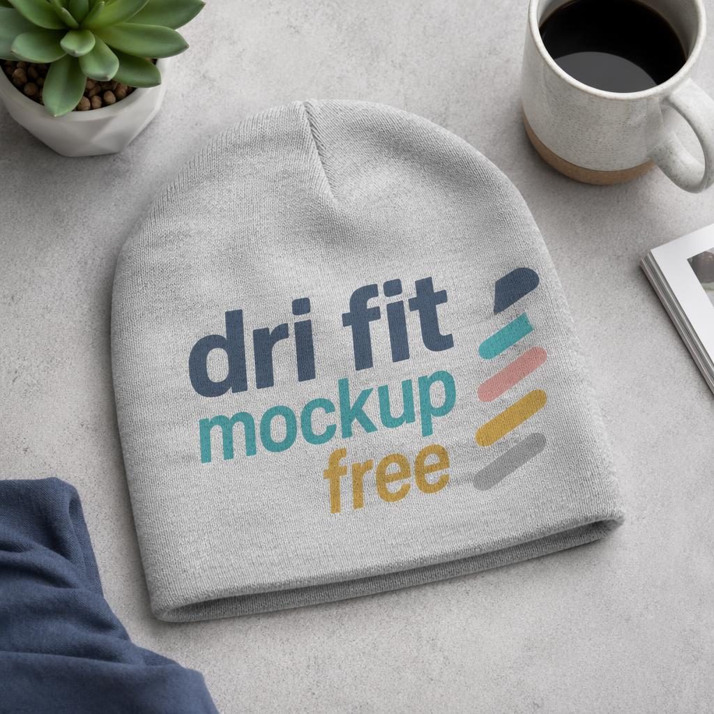 Studio flat lay of a heather gray beanie with a large pastel logo print on soft textured fabric