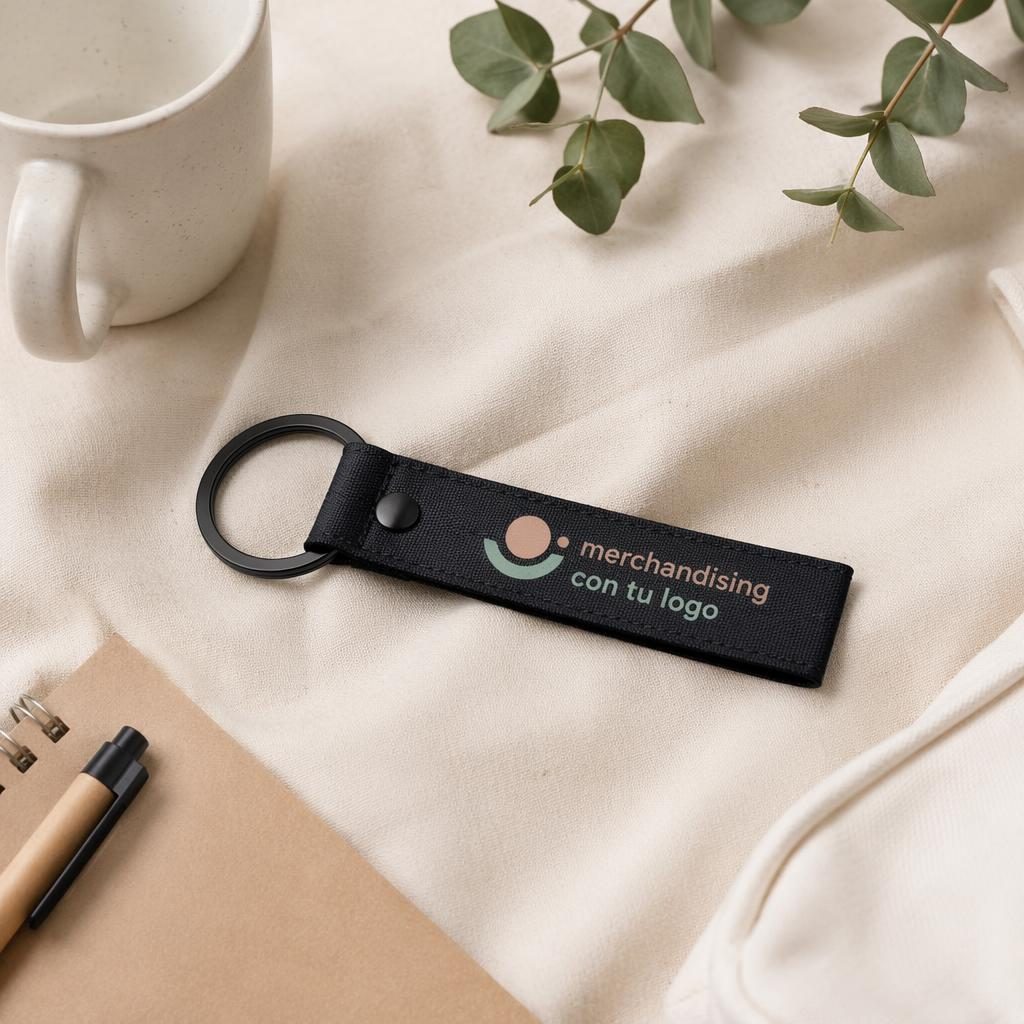 Mockup fotorealista de llavero negro en flat lay de estudio con logo genérico, enfoque nítido y estética pastel