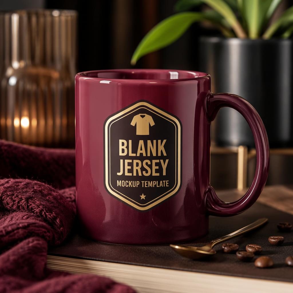 Photo-real burgundy ceramic mug in a cozy home setting with a centered placeholder logo and black-gold luxury styling.
