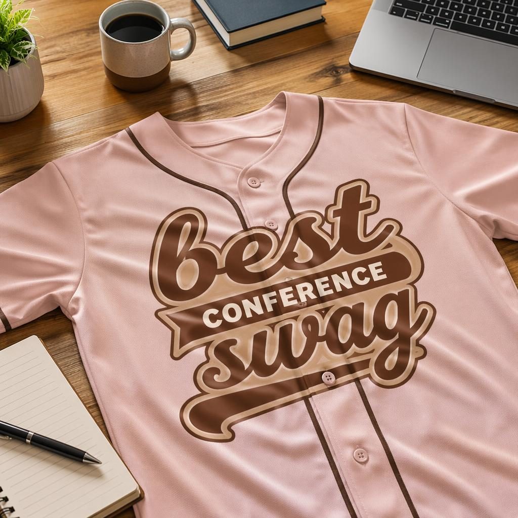 Dusty pink baseball jersey mockup on a desk, featuring a large best conference swag print in warm earth tones.