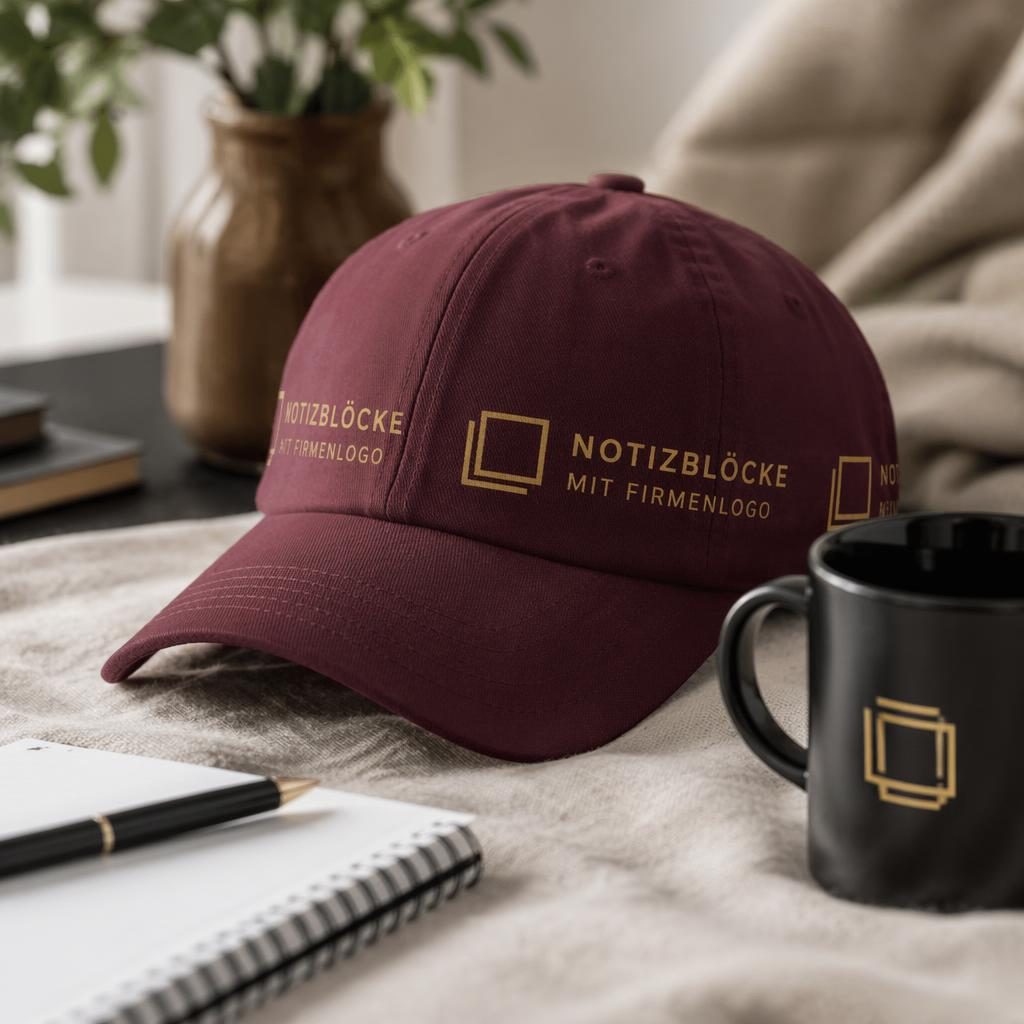 Fotorealistisches Mockup einer bordeauxfarbenen Cap mit schwarzem und goldenem Rundum-Logo im gemütlichen Home-Setting