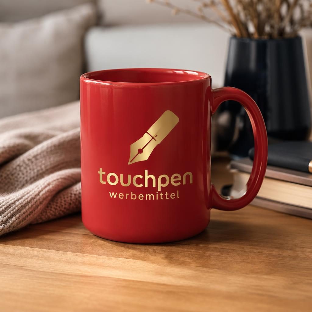 Fotorealistischer roter Keramikbecher mit großem touchpen werbemittel Logo in gemütlicher Home-Inszenierung.