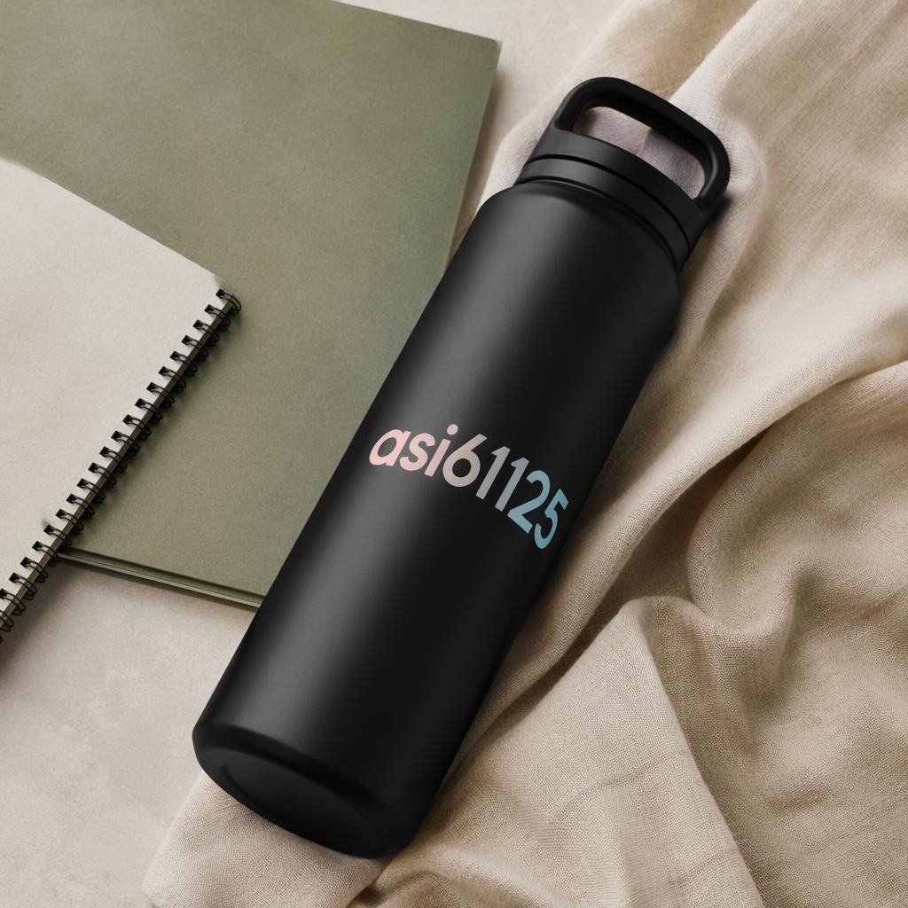 Black water bottle mockup in a studio flat lay with asi61125 logo on the sleeve and soft pastel styling.