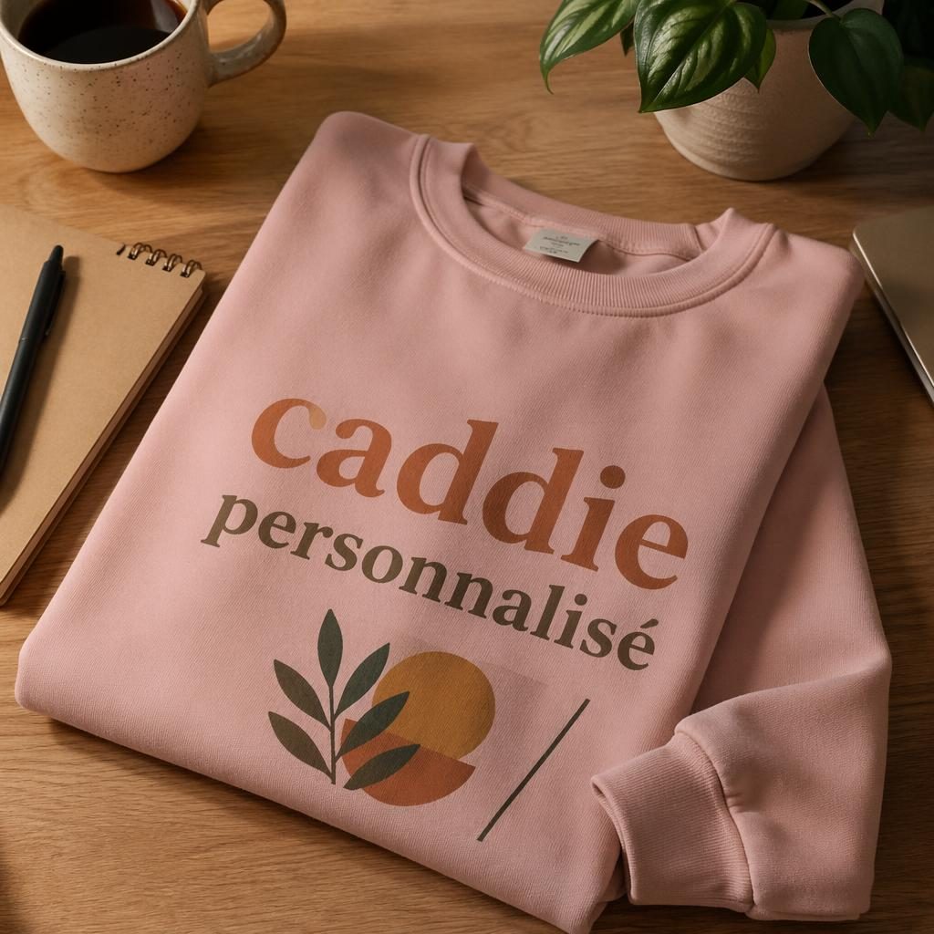 Mockup photo réaliste d’un sweat rose poudré avec logo caddie personnalisé, posé sur un bureau lifestyle chaleureux.