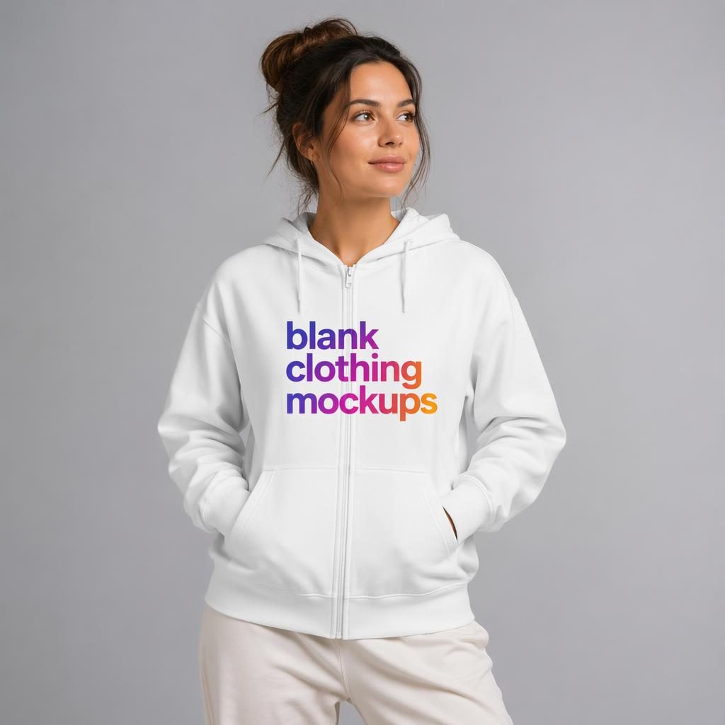 Model wearing a white zip-up hoodie with a colorful center-chest placeholder logo in a clean studio product mockup