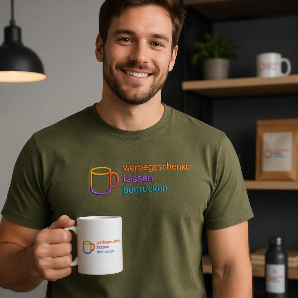 Model trägt ein olivgrünes T-Shirt mit gesticktem Logo in buntem Farbverlauf, fotografiert im Studio mit scharfer Stoffstruktur.