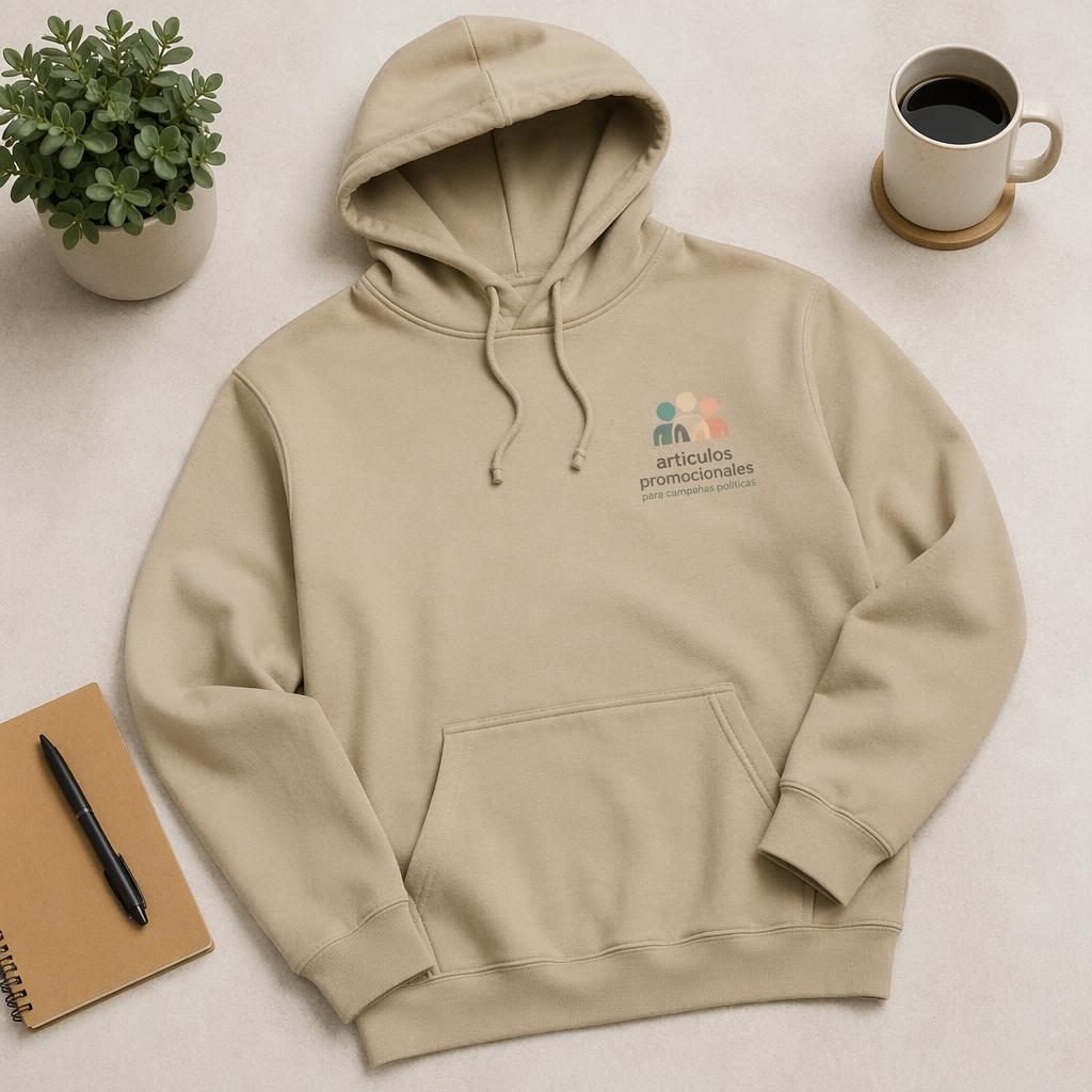 Sudadera beige tipo hoodie en flat lay de estudio con logo pequeño en el pecho izquierdo, estilo merch fotorealista.