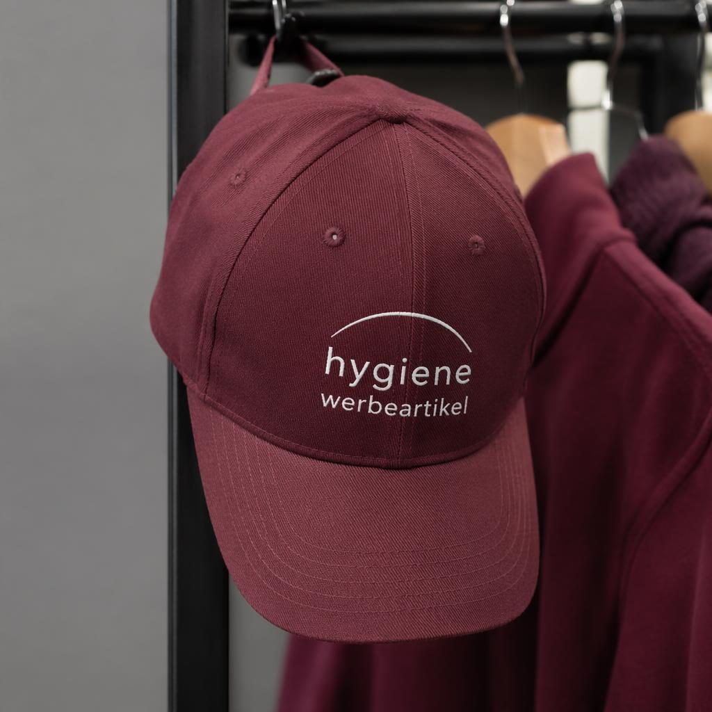 Fotorealistisches Mockup einer bordeauxfarbenen Cap am Kleiderständer mit zentriertem hygiene werbeartikel Logo
