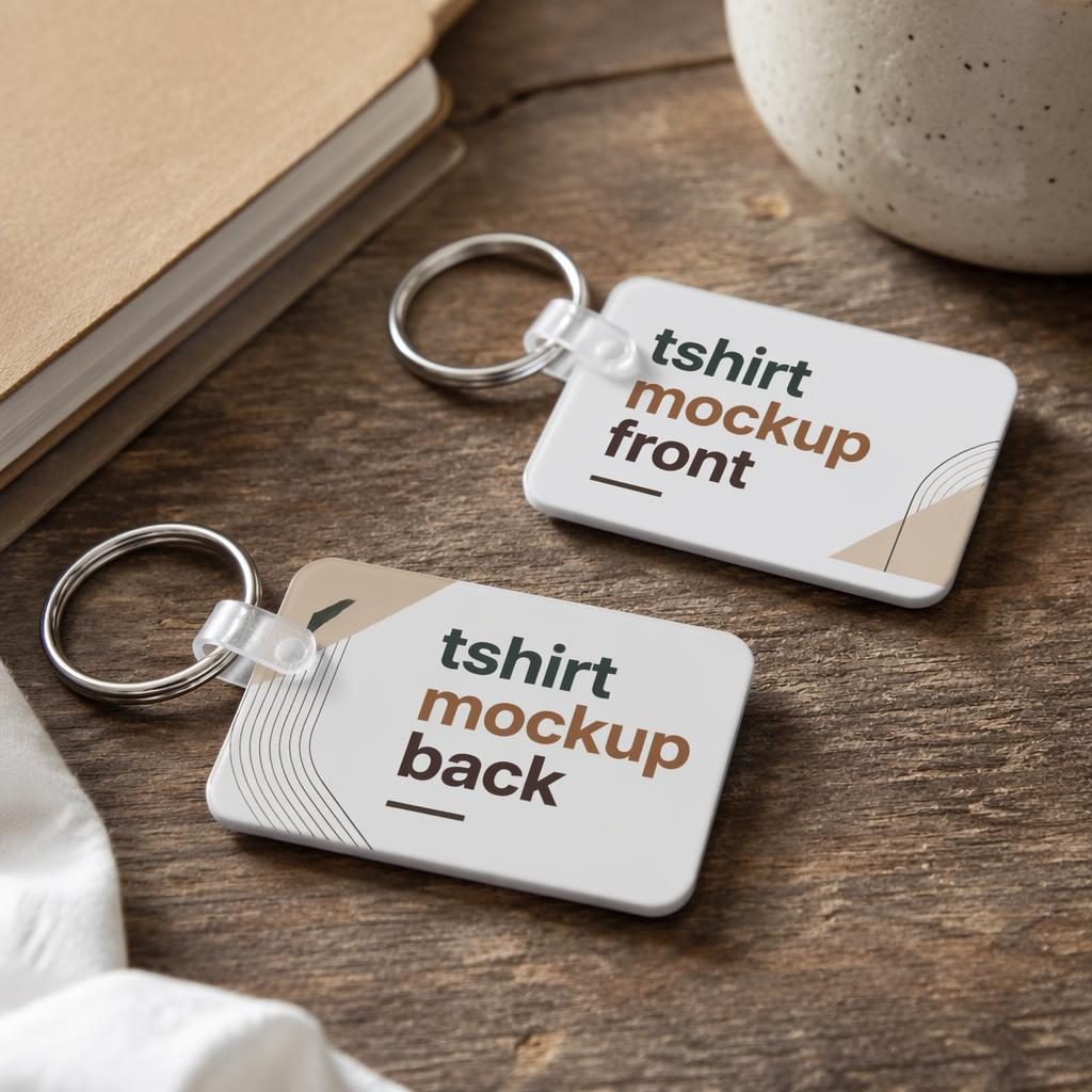 Photo-real white keychain mockup on a desk with wrap-around placeholder logo in warm earth tones, sharp studio lighting