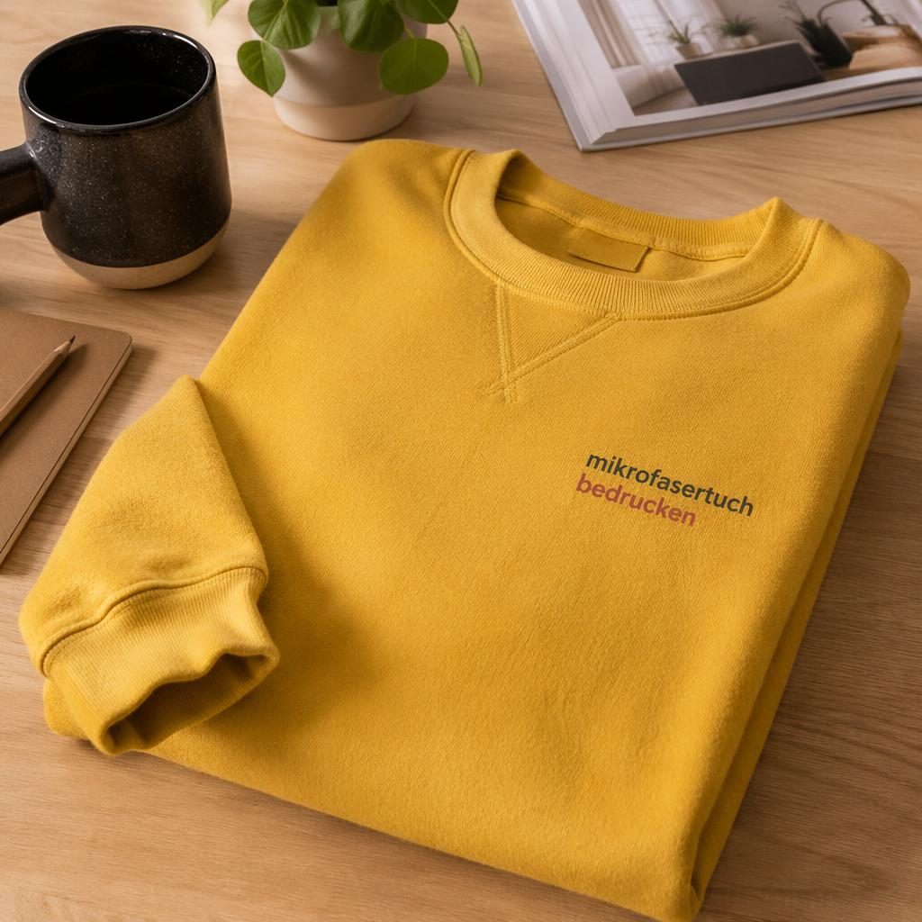Senfgelbes Crewneck-Sweatshirt mit kleinem Logo links auf der Brust in einer warmen Desk-Lifestyle-Szene.