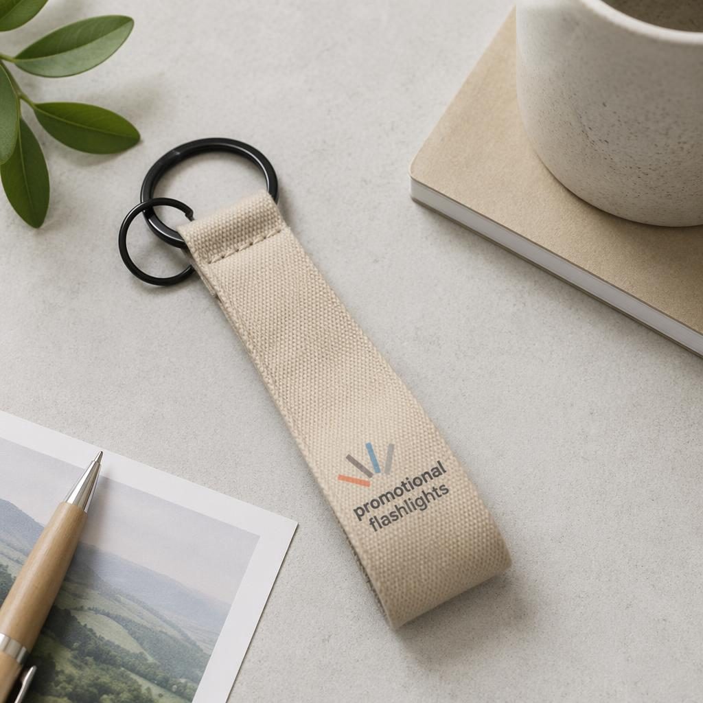 Studio flat lay of a beige sand keychain mockup with a small promotional flashlights logo in soft pastel tones.