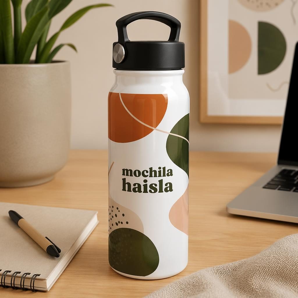 Botella de agua blanca con logo envolvente mochila haisla sobre escritorio en escena lifestyle cálida.