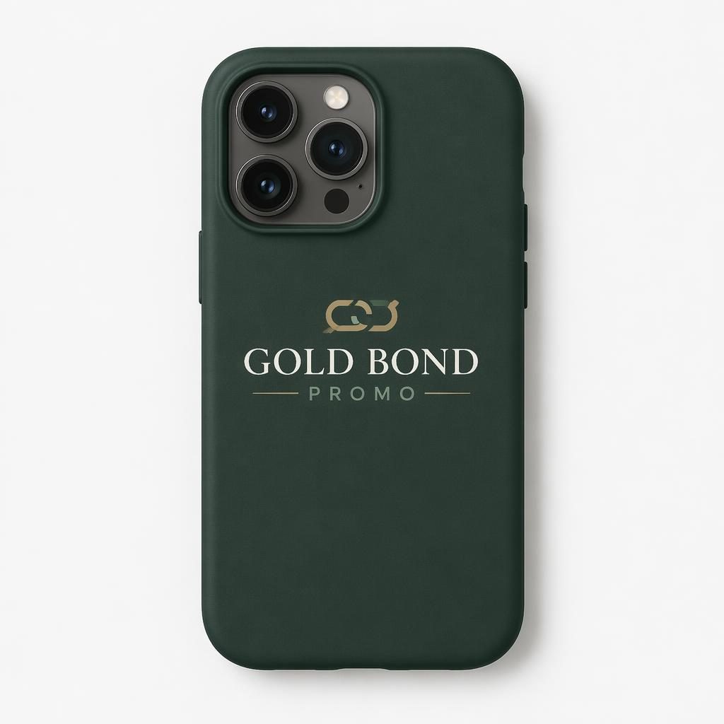 Forest green phone case mockup on a white background with a centered gold bond promo logo in sage and ivory.