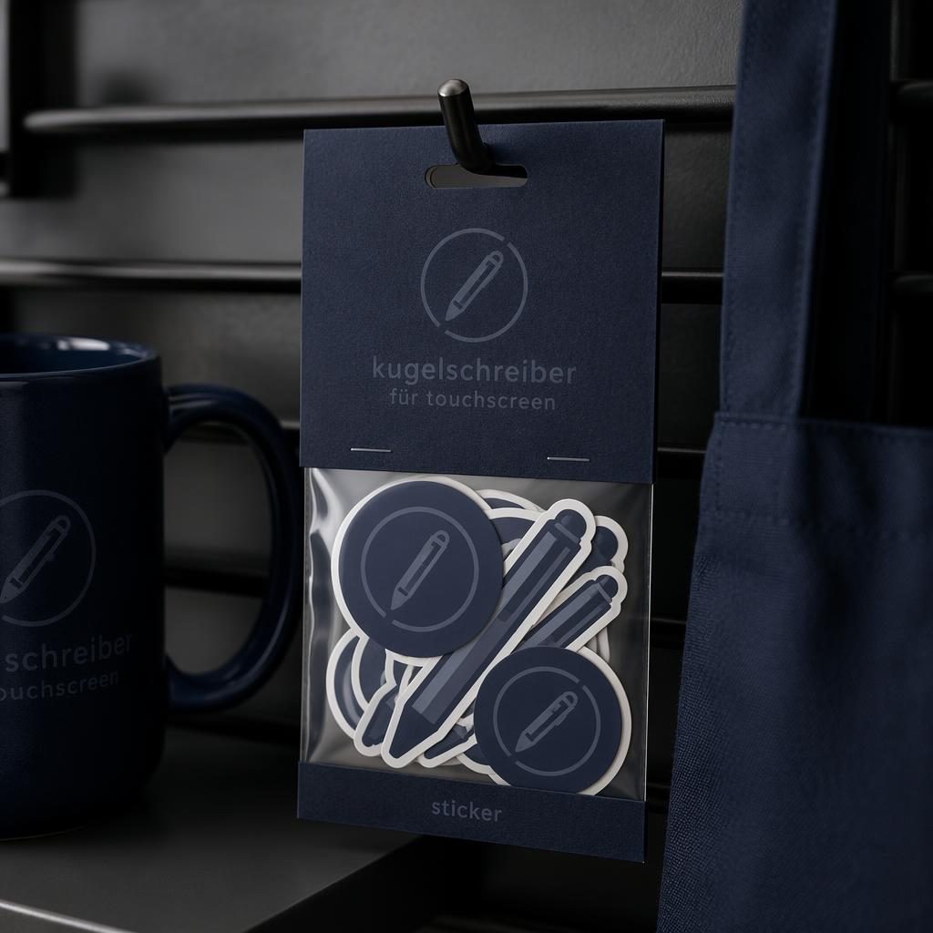 Navy Sticker-Pack als Produkt-Mockup, hängend an einem Rack, mit dezentem Ton-in-Ton-Logo im Studio aufgenommen.