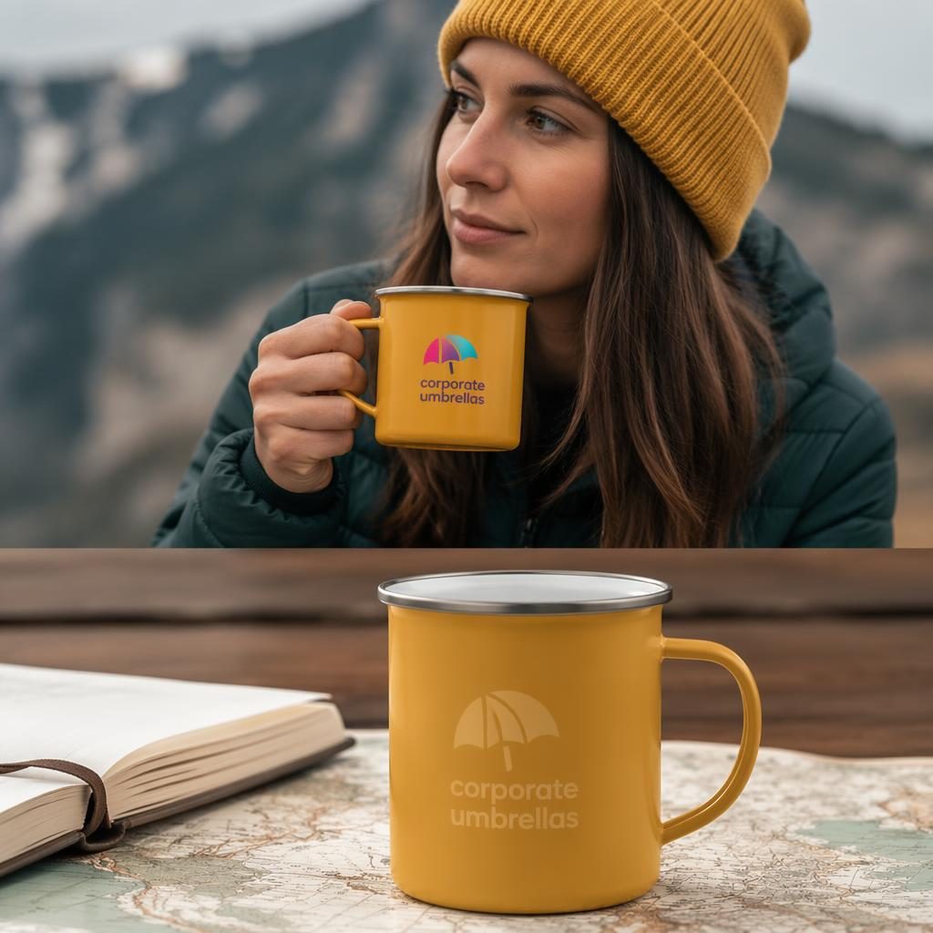 Mustard yellow enamel mug with subtle tone-on-tone corporate umbrellas logo in a studio product mockup.