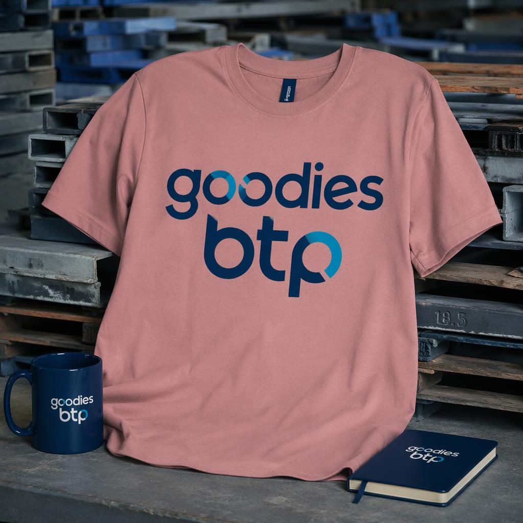 Mockup photo réaliste d’un t-shirt rose poudré avec logo goodies btp bleu, en décor entrepôt industriel.