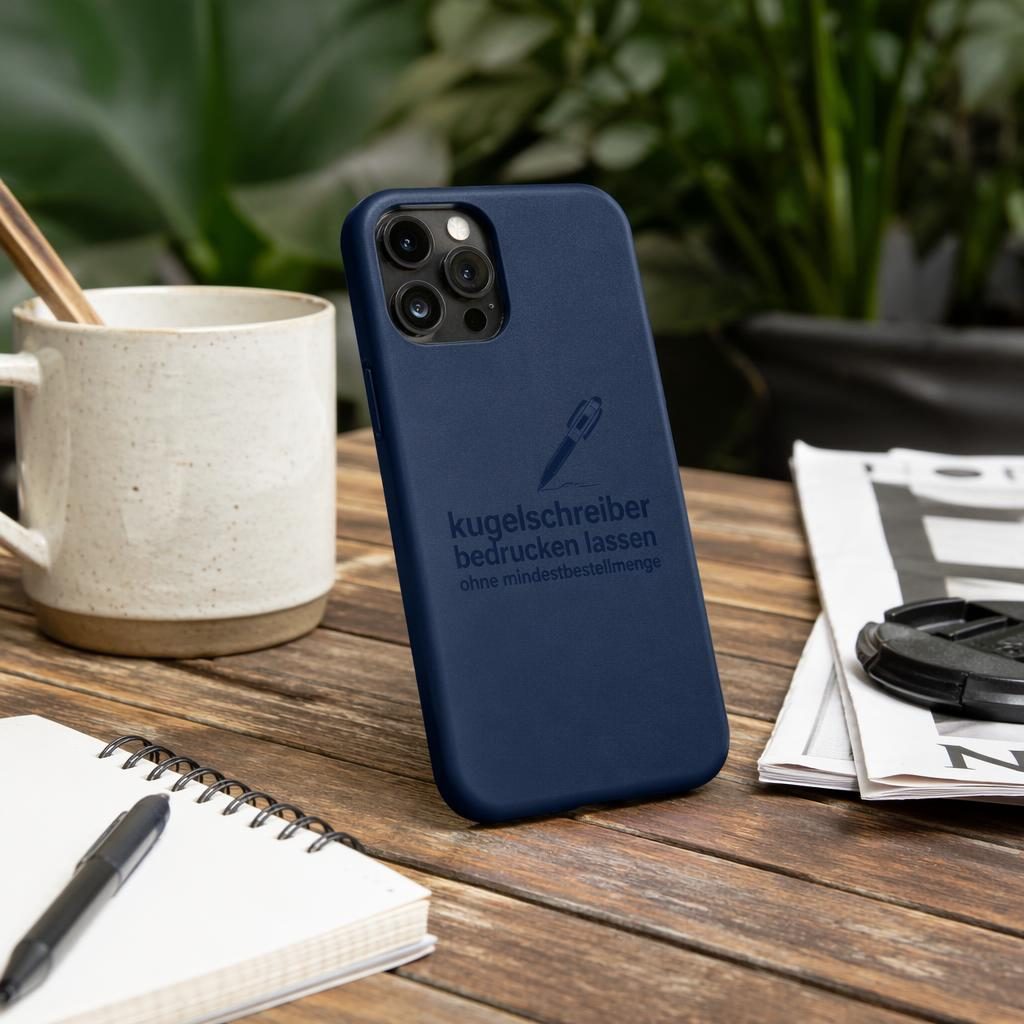 Fotorealistisches Mockup einer dunkelblauen Handyhülle mit dezent tonalem Logo im Outdoor-Lifestyle-Stil