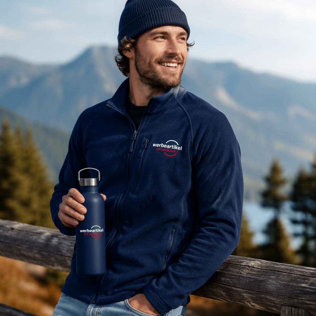 Fotorealistisches Mockup einer navy Trinkflasche mit kleinem roten und weißen Logo im Outdoor-Lifestyle-Setting