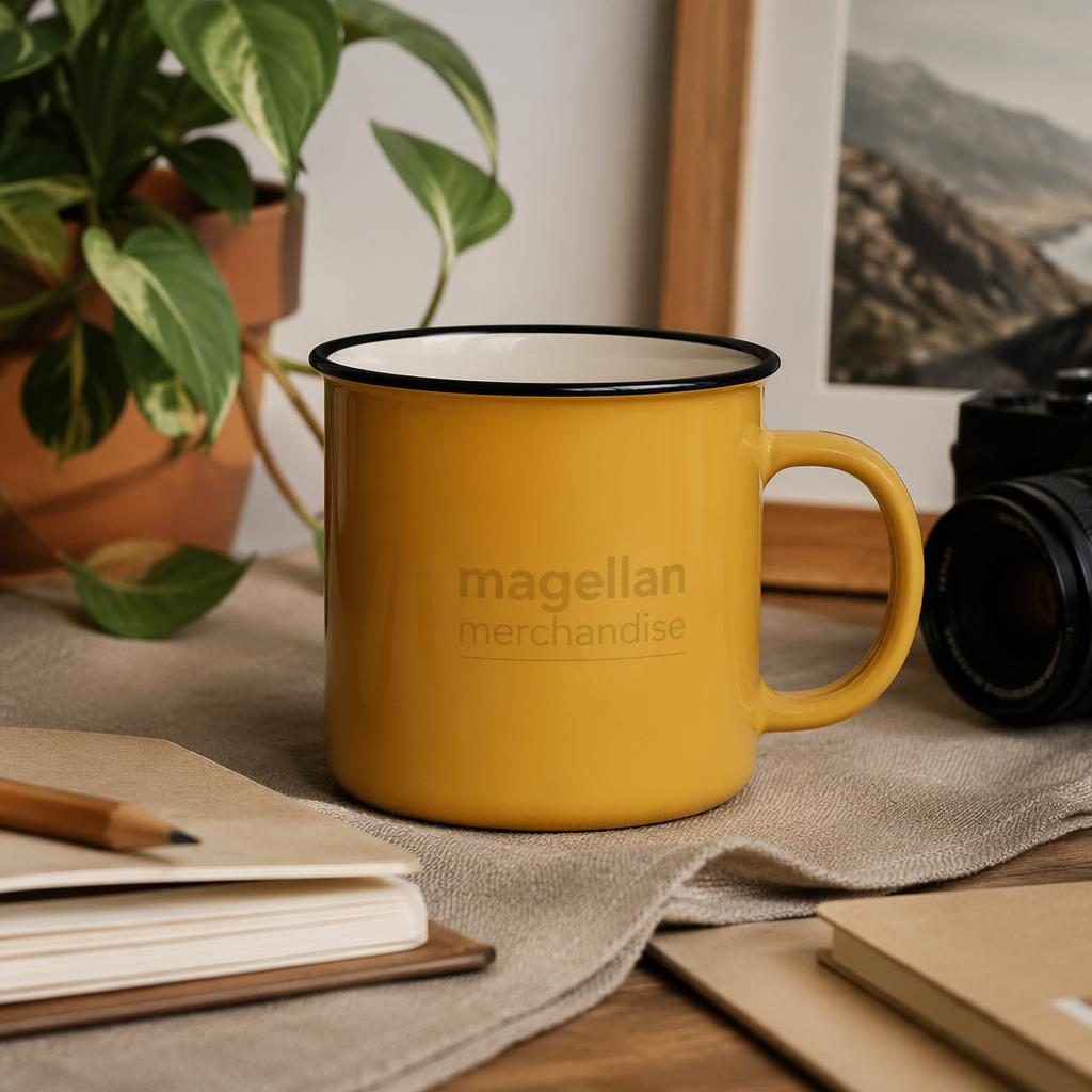 Mustard yellow enamel mug with subtle magellan merchandise logo on a desk in a warm earth-tone lifestyle scene.
