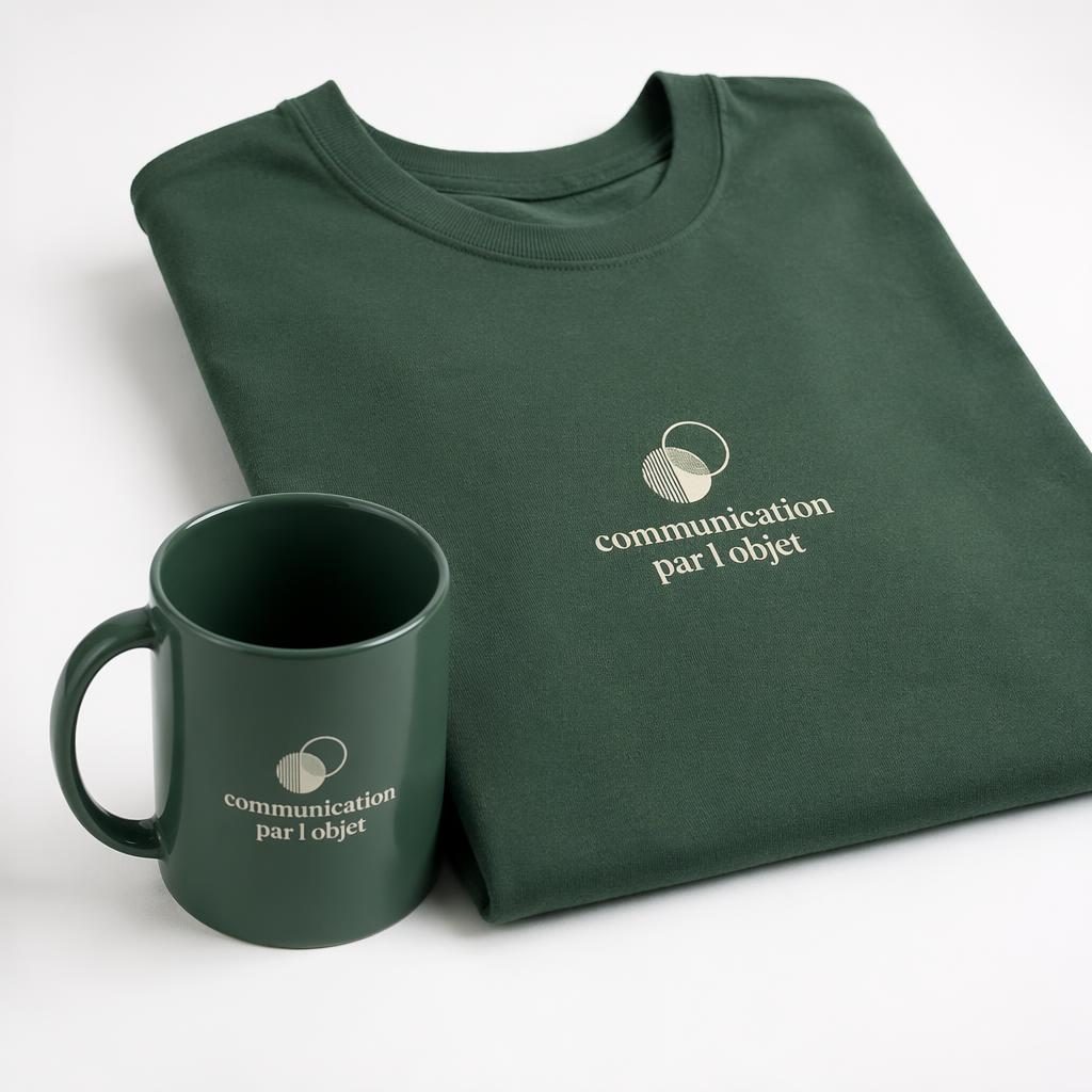 Mug vert forêt en céramique sur fond blanc, avec logo sage et ivoire centré, style mockup studio minimaliste.