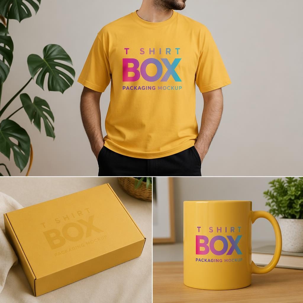 Photo-real mustard yellow sticker pack mockup worn on model with subtle tone-on-tone logo and vibrant gradient branding.