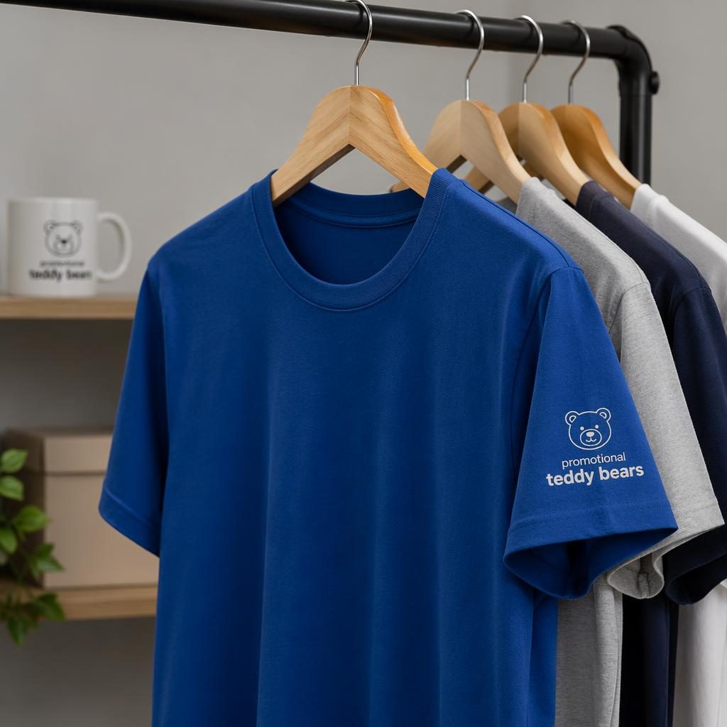 Royal blue t-shirt hanging on a rack with a promotional teddy bears logo printed on the sleeve in a minimal style.