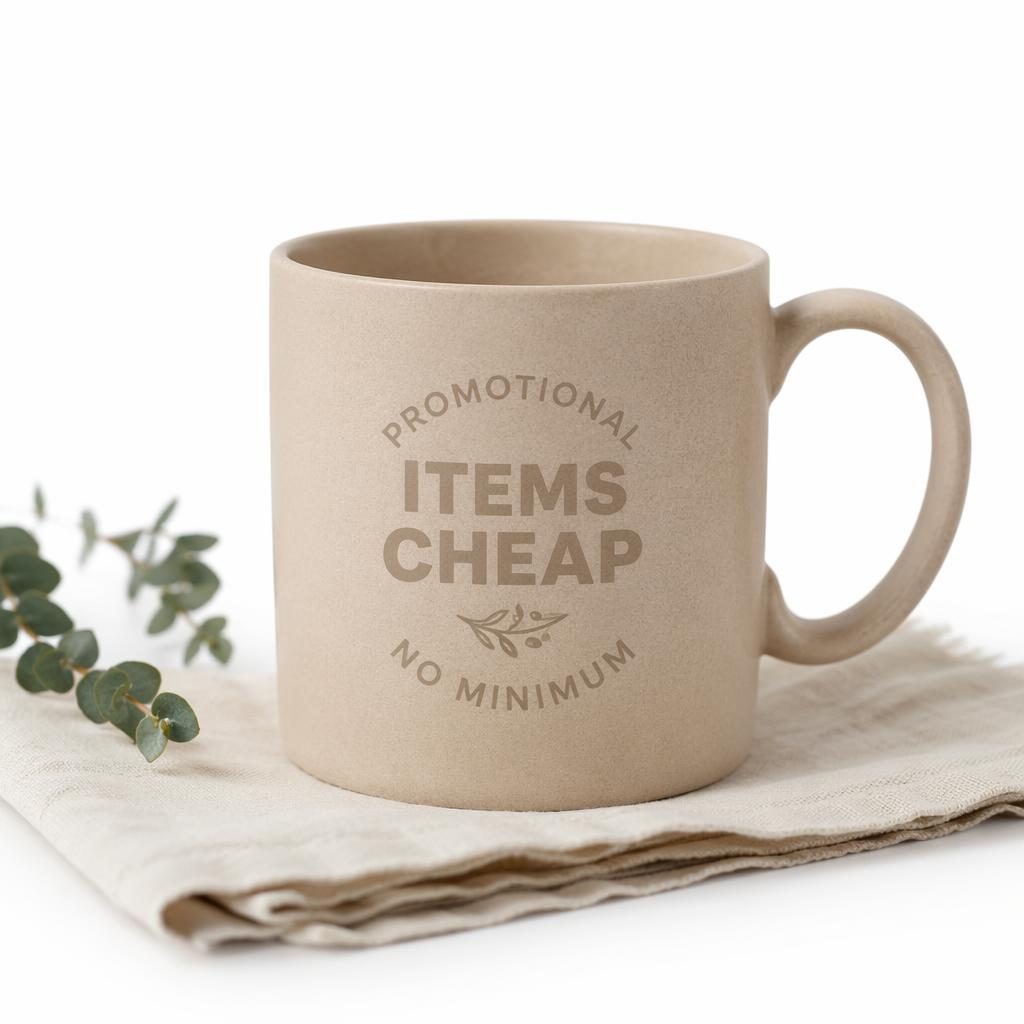 Beige ceramic mug mockup on white background with subtle tone-on-tone logo in sage and ivory, studio-lit product photo.