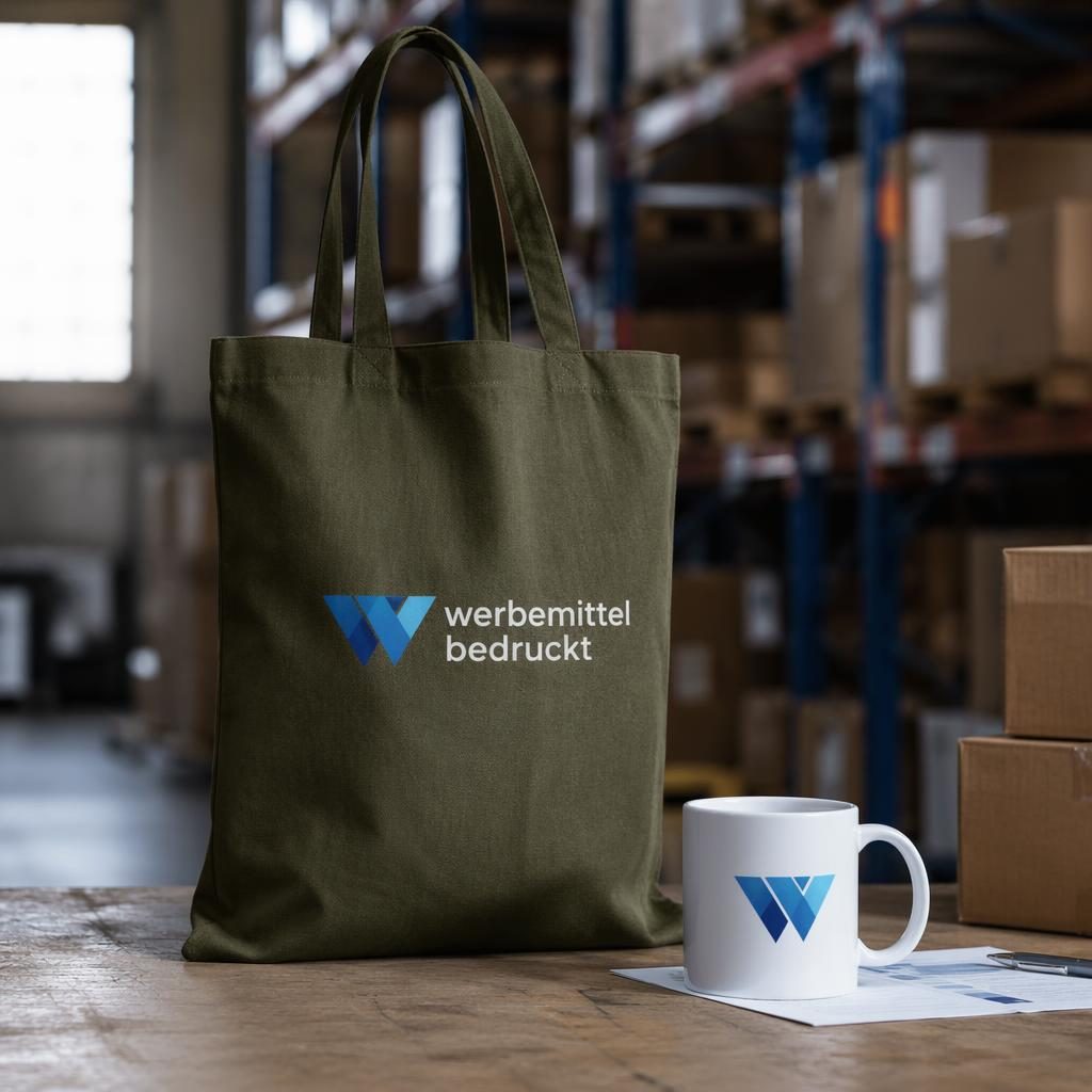 Fotorealistisches Mockup einer olivgrünen Tote Bag mit generischem Logo im Industrial-Studio mit scharfem Fokus