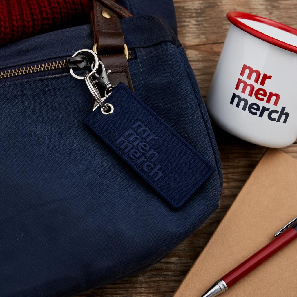 Photo-real navy keychain mockup outdoors with a subtle tone-on-tone mr men merch logo and sharp fabric texture.