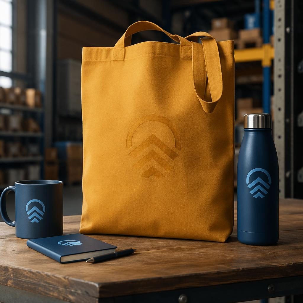 Mustard yellow tote bag mockup with subtle tone-on-tone event giveaway logo in a warehouse-style studio setting.