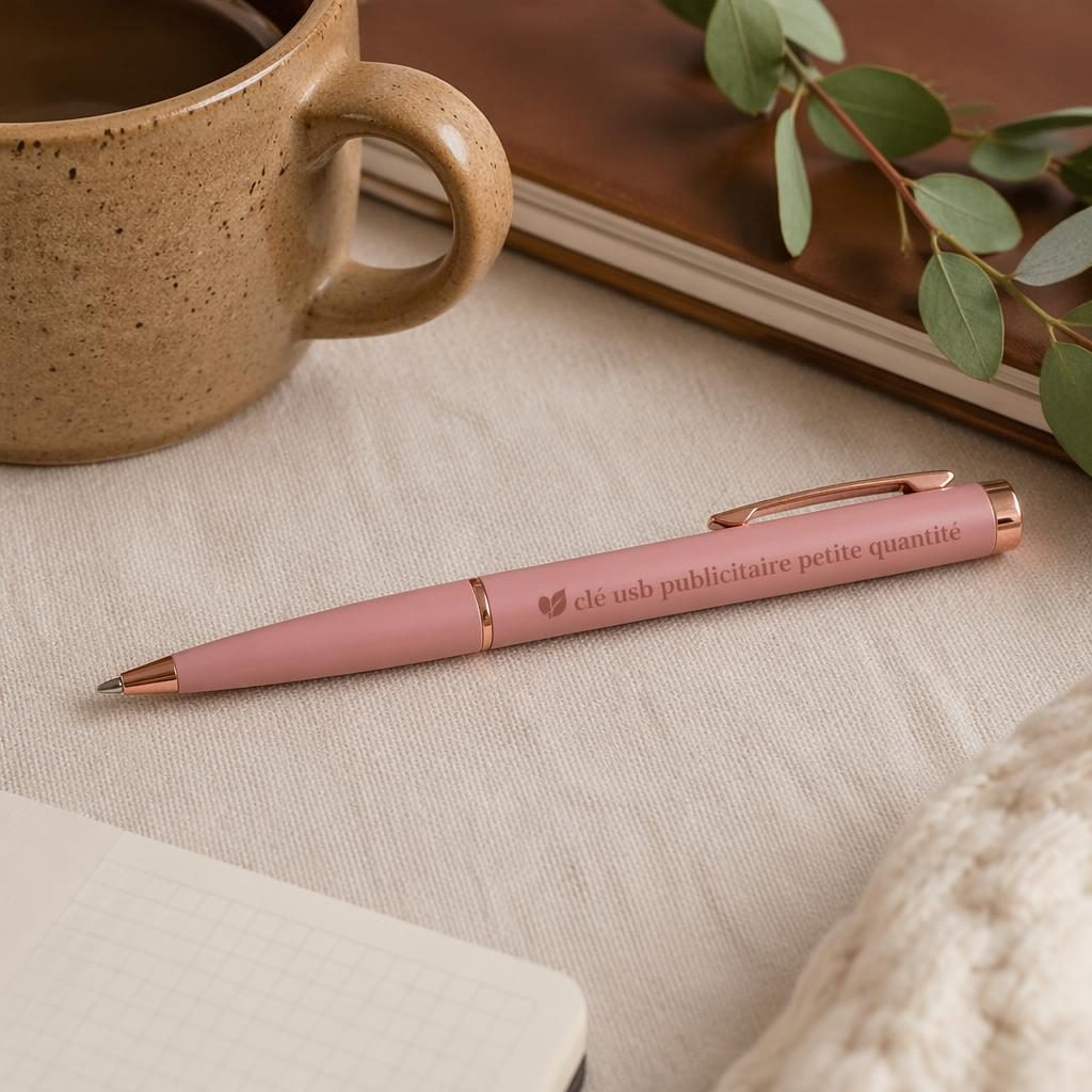 Stylo rose poudré avec logo générique sur un bureau lifestyle, près de tissu, mug en céramique et papier texturé.