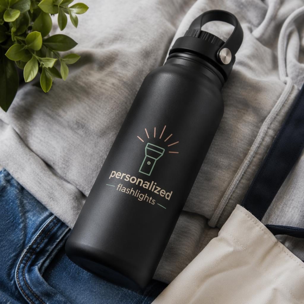 Black water bottle flat lay mockup with personalized flashlights logo in a soft pastel studio setup.