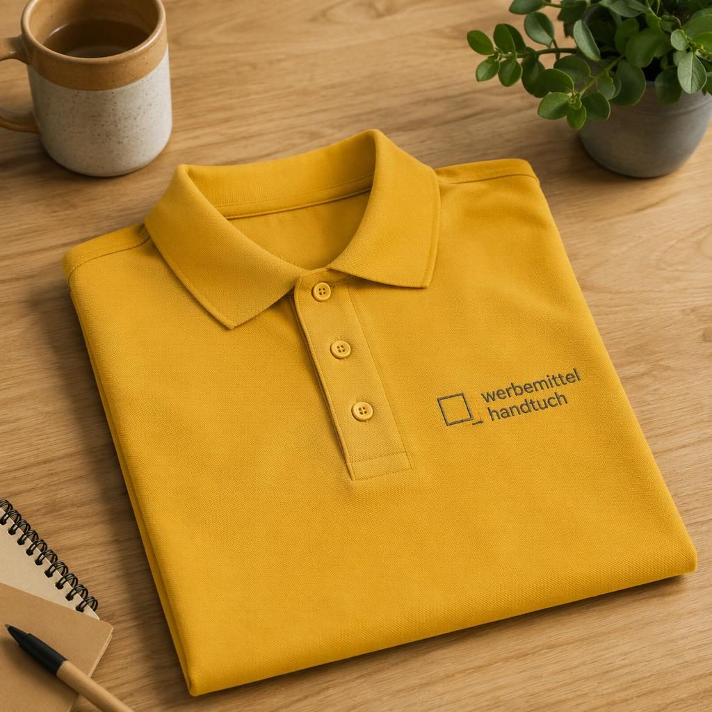 Senfgelbes Poloshirt als Produkt-Mockup auf Schreibtisch, kleines werbemittel handtuch-Logo links auf der Brust.