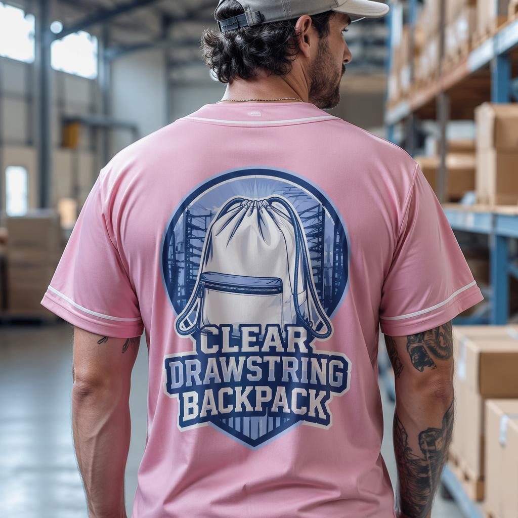 Photo-real dusty pink baseball jersey mockup, back view, with clear drawstring backpack logo in tech blue.