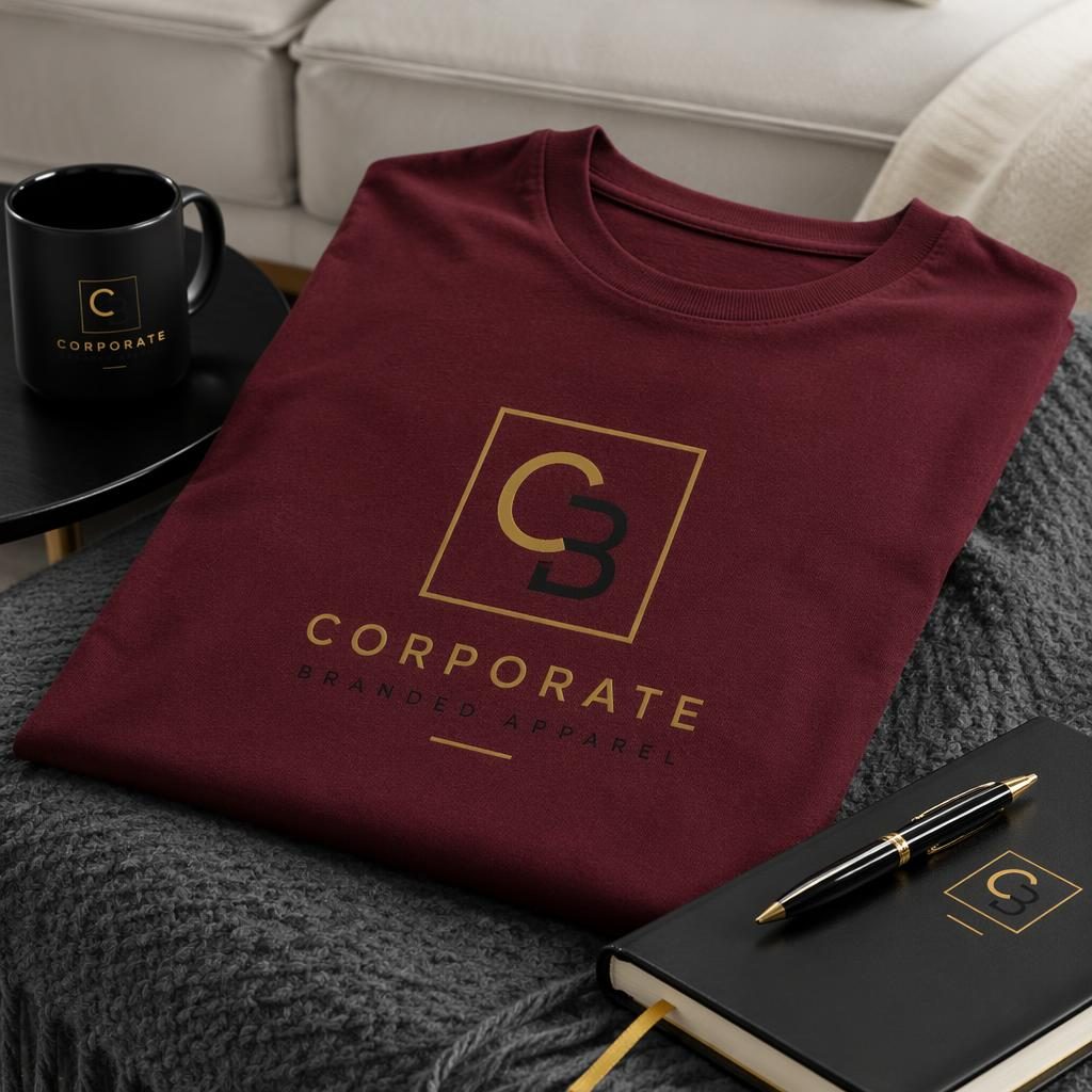 Photo-real burgundy t-shirt mockup with centered corporate branded apparel logo in a cozy home setting.