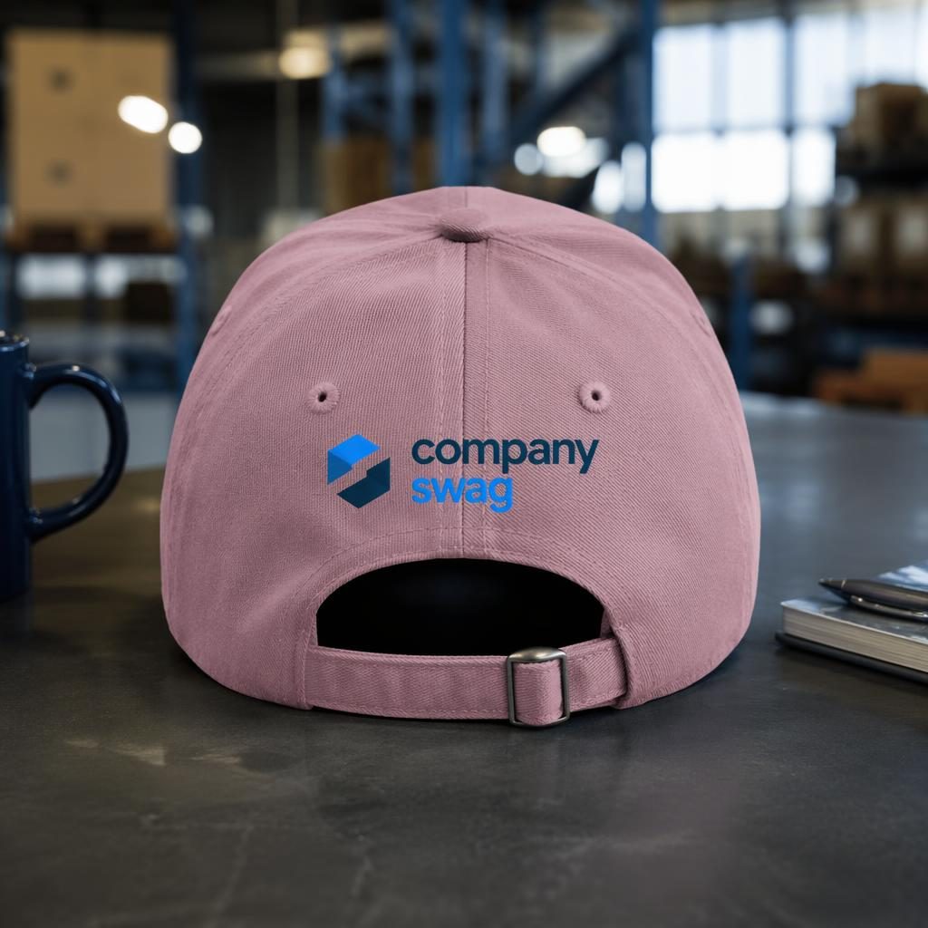 Photo-real dusty pink cap shown from the back with a generic company swag logo in tech blue, styled in an industrial studio setting.