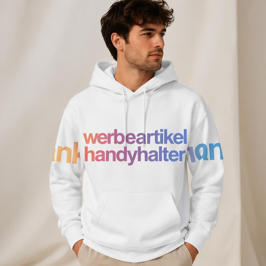 Model trägt weißen Hoodie mit umlaufendem werbeartikel handyhalter Logo im Farbverlauf vor Studiohintergrund