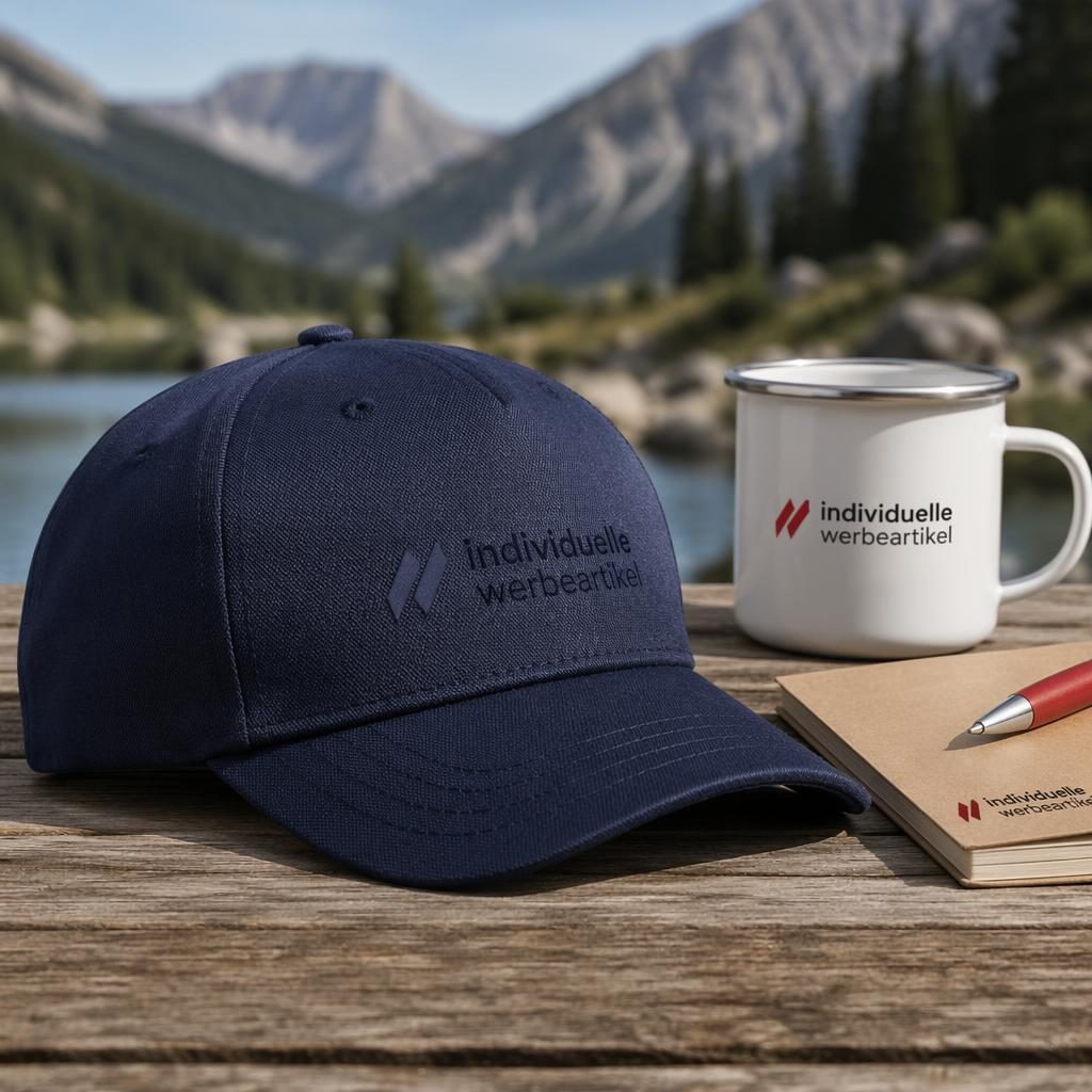 Fotorealistisches Mockup einer navyblauen Cap mit dezentem Ton-in-Ton-Logo im Outdoor-Lifestyle-Stil.