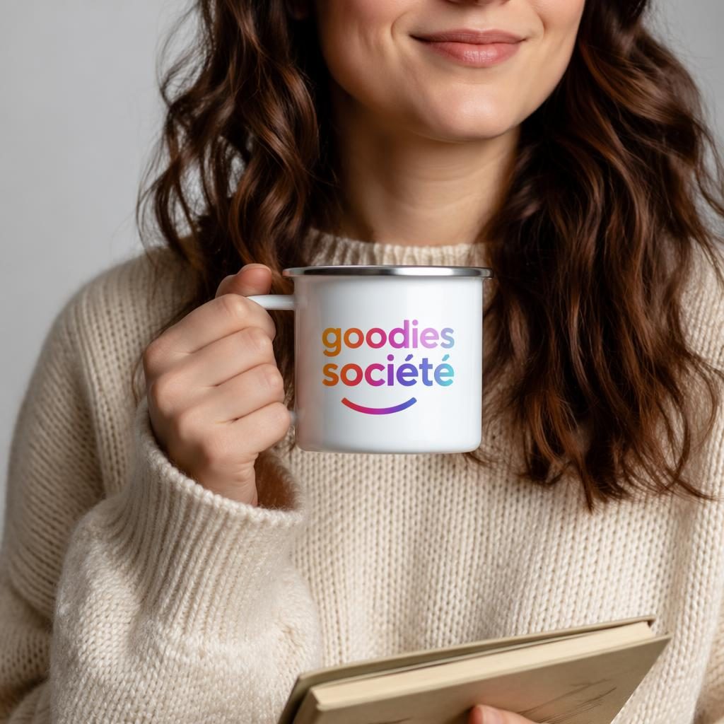Mug émaillé blanc avec logo goodies société en dégradé vibrant, photo studio nette, rendu céramique réaliste