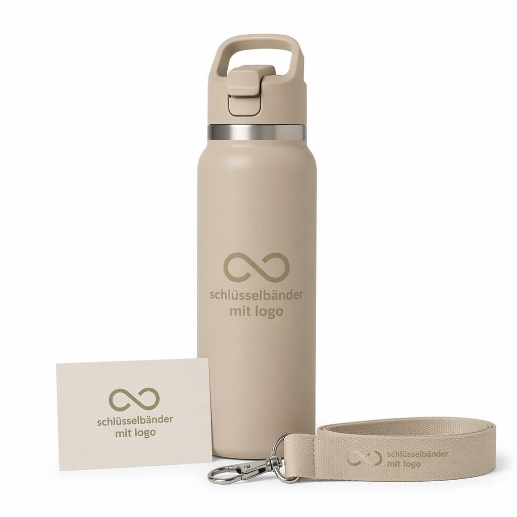 Beige Sand-Trinkflasche als realistisches Mockup auf weißem Hintergrund mit dezentem tonigem Logo in Sage und Ivory.